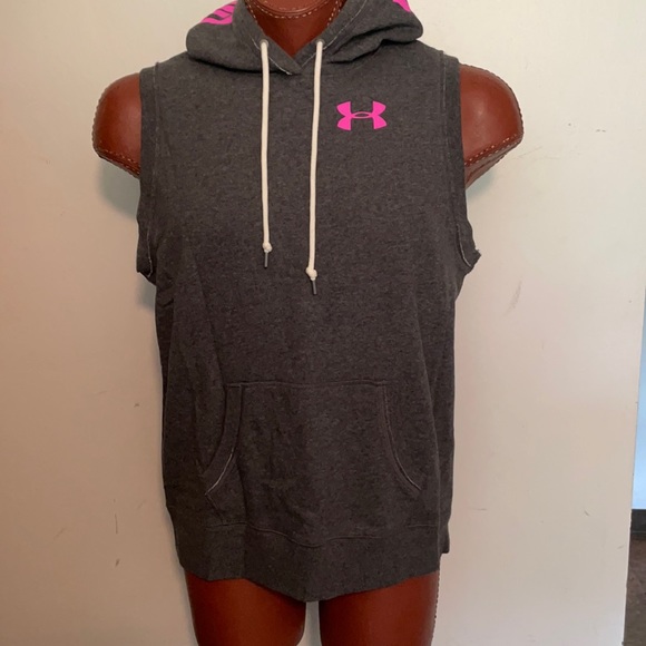 Under Armour Tops - Under Armour Charcoal Gray Sleeveless Hoodie with Pink Logo